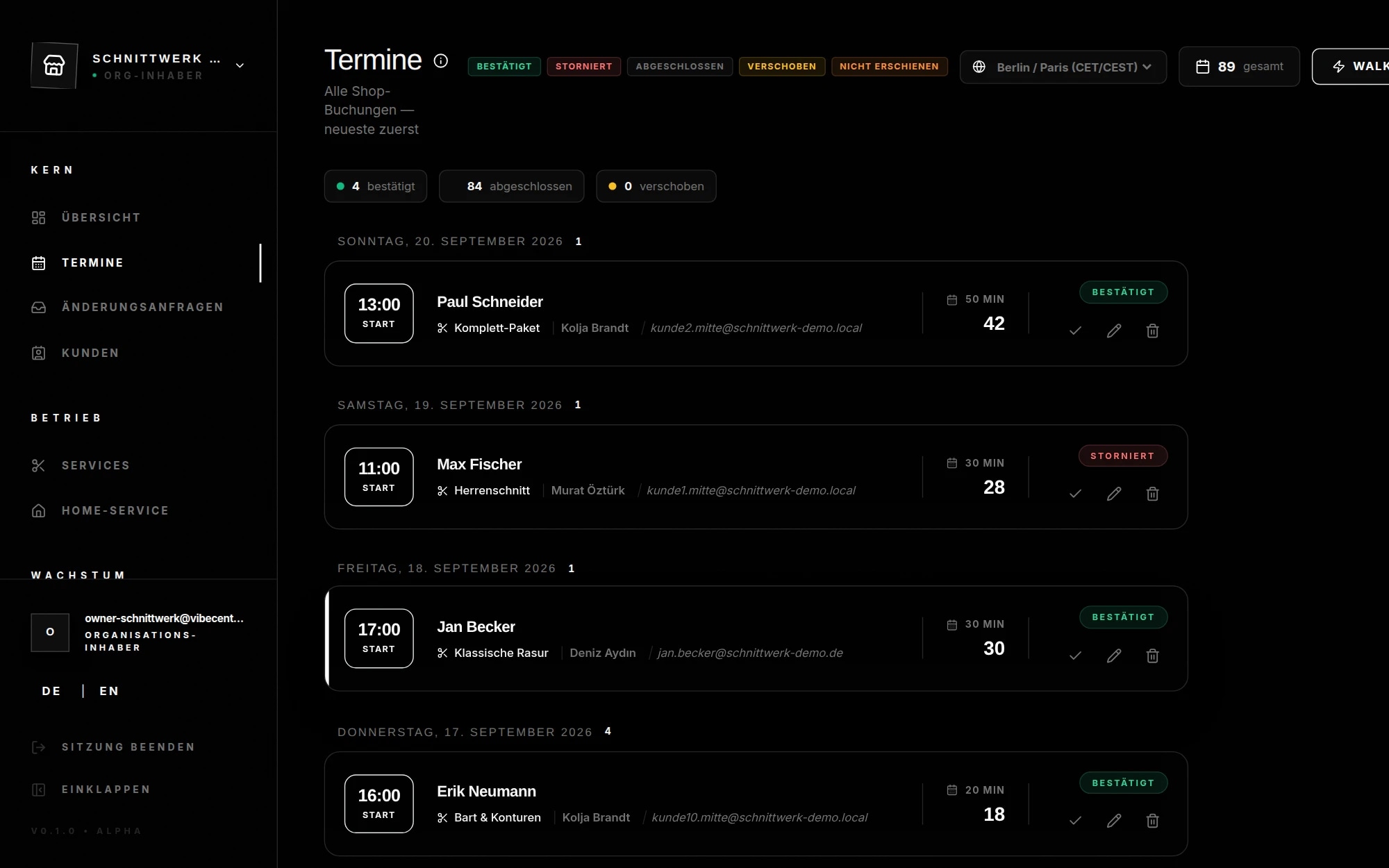 Inhaber-Dashboard für Wellness & Barbier